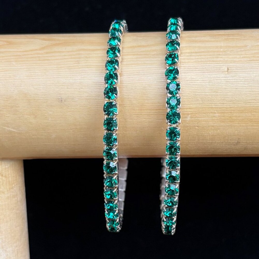 Two Vintage Stretch Rhinestone Bracelets in Emerald Green & Silver